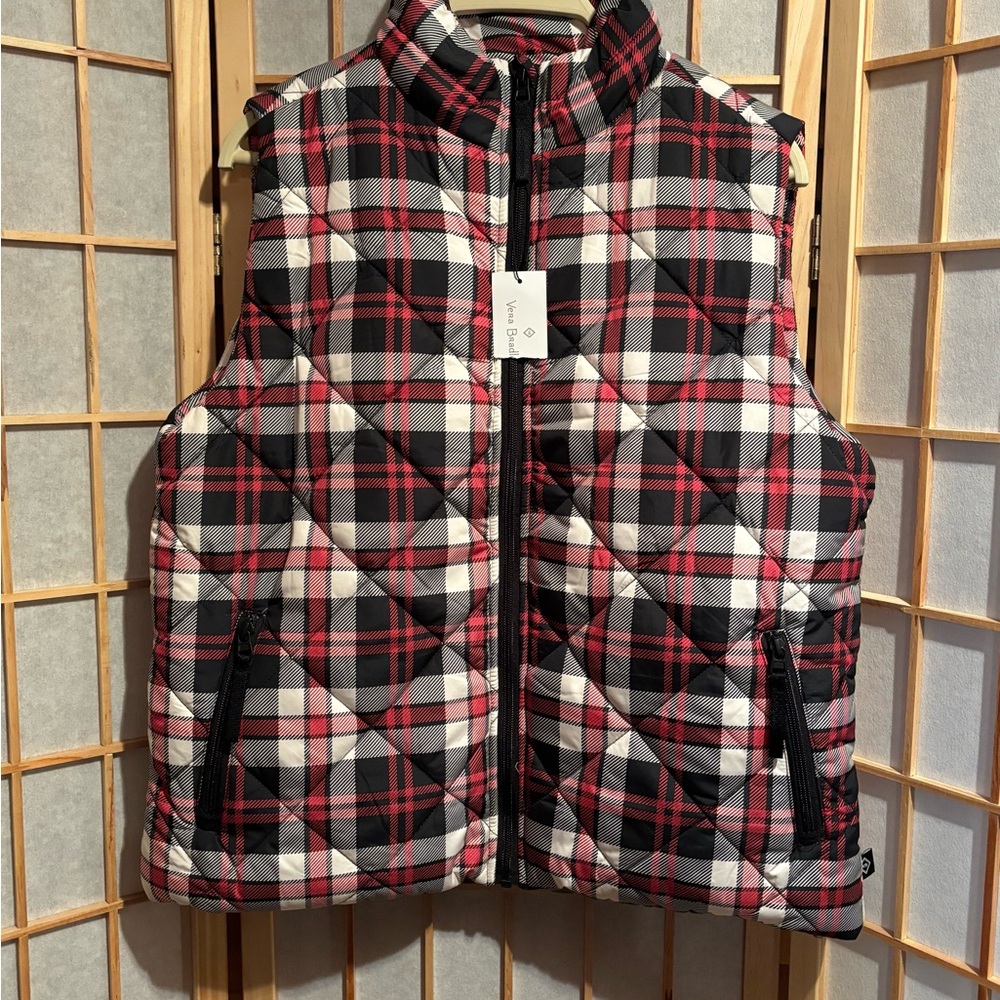Vera Bradley Red, Black & White Plaid Quilted Vest